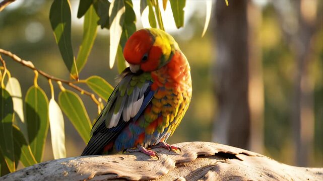 Vibrant Scarlet Robin Perched on Weathered Branch in Australian Bushland Lit by Golden Light with Soft Green Foliage