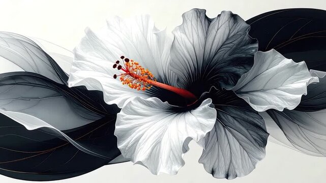 A stylized hibiscus bloom in monochrome with vibrant stamen