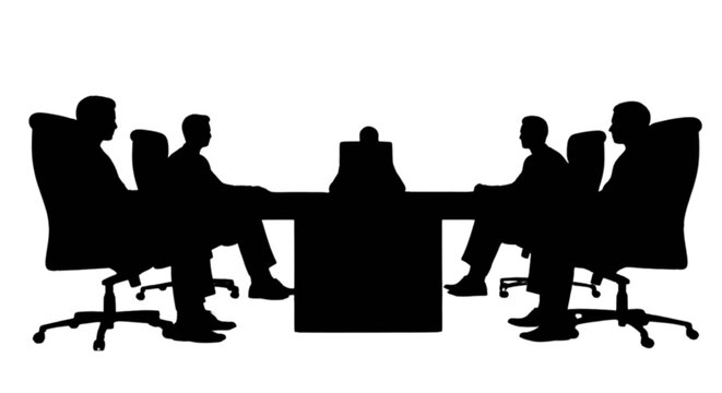 Silhouettes of people sitting around a conference table in a meeting