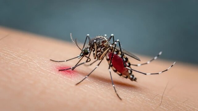 Mosquito sucking blood from human skin with a red bite mark visible