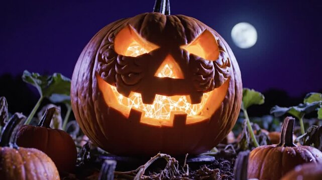 Spooky carved pumpkin with a glowing face surrounded by various pumpkins under a full moon in the night