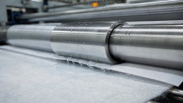 Closeup medium shot of a shoe press gently compressing a paper sheet with visible water being expelled and fresh felt beneath highlighting modern dewatering technology.