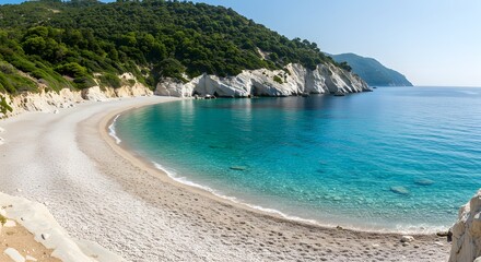 Fototapeta premium Panoramic view of a pristine beach with turquoise water and cliffs in Greece