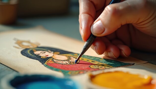 Artist paints miniature Indian folk art. Hand with brush adds color to detailed traditional artwork. Pigments in palette ready for fine detail work.