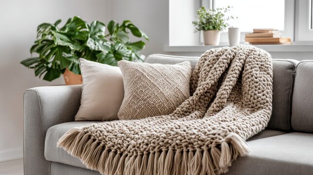 Cozy living room sofa with plush throw blanket and decorative pillows, natural light