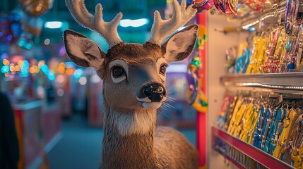 Stuffed deer standing near a carnival prize wall colorful ambiance