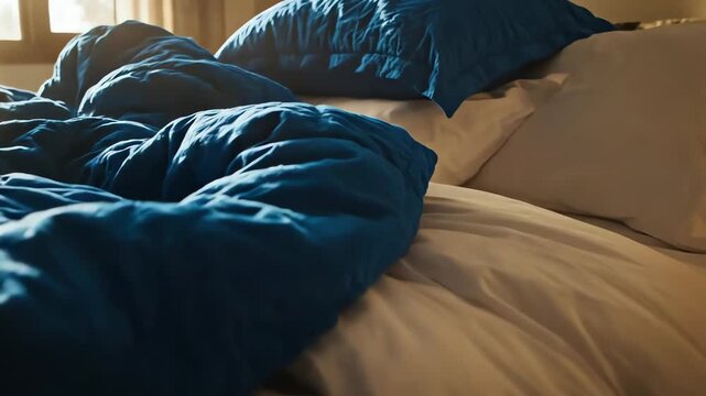 Bed with a blue comforter and white sheets, looking cozy and unmade. 4k resolution video 30fps.