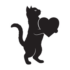 Cat silhouette holding a heart for love, valentine and pet care design on white © Biddut