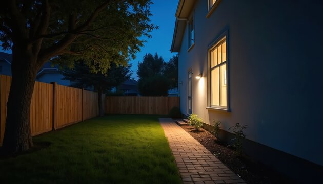 Suburban home exterior at dusk. Motion sensor light illuminates house facade and yard. Safe residential property with wooden fence and green lawn.