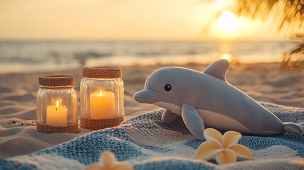 Stuffed dolphin next to candle jars on a serene beach blanket setup