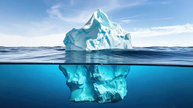 An iceberg floats above and below the waterline, under a clear, bright sky