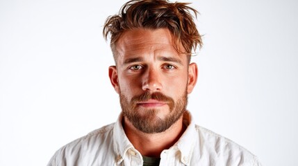 A serious man with a well-groomed beard and intense gaze poses confidently in a clean studio environment, presenting an image of strength and individuality.