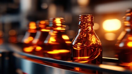 A close-up view of glass bottles glistening under warm light on a conveyor belt, emphasizing industrial processes and the beauty of production lines in business.