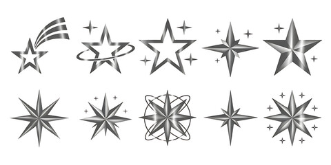 Variety of metallic star symbols and icons in a monochrome palette, ideal for graphic design elements like awards, achievements, and celestial themes.