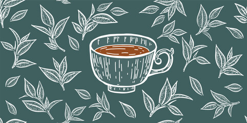Hand-Drawn Tea Cups and Leaves Seamless Pattern	
