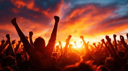 Obraz premium A passionate crowd raises their hands in excitement, silhouetted against a stunning sunset, symbolizing unity, celebration, and the exhilaration of live events.