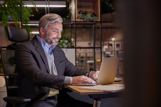 Mature businessman working in modern office, using laptop