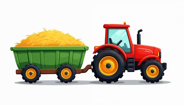 Red tractor pulls green trailer full of hay. Cartoon farm vehicle illustration for agriculture and children. Cute rural machine transports harvest on white background. Farming graphic asset.