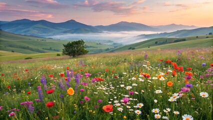 Vibrant wildflower meadow at sunrise with misty mountains and golden light in nature landscape