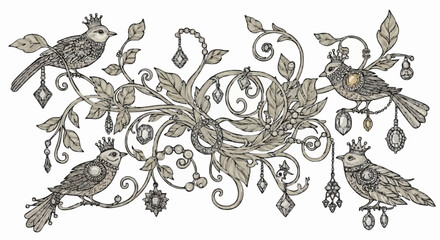 Ornate illustration of birds perched on decorative branches with leaves and flowers.