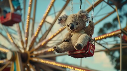 Stuffed koala clinging to a Ferris wheel bar high above the carnival