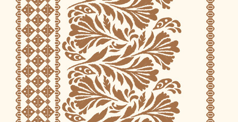 Rustic Botanical Border Seamless Pattern in Warm Terracotta.Vintage Folk Floral Stripe Ornament Textile Design. Scandinavian-Inspired Floral Stripe Background. Boho Folk Art for Fabric and Wallpaper © supachai