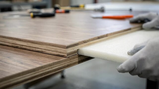 Closeup medium shot capturing foam core insertion into veneer panels showcasing smooth surface finishing and detailed craftsmanship in a manufacturing setting.