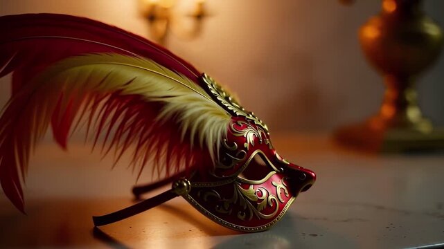 decorative Venetian masquerade mask with feathers and jewels rests on a stone table showing its craft for a festive gathering