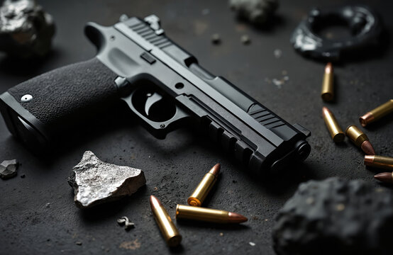 Pistol and bullets on dark surface. Fragments of metal and stone. Symbol of violence or conflict. Crime or war imagery. Defense weapon detail.