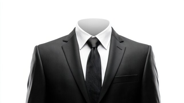 Professional black suit with white shirt and black tie, headless mannequin on white background