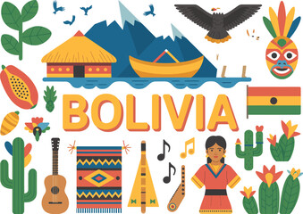 Obraz premium Colorful of Bolivian culture with mountains, traditional attire, and musical instruments
