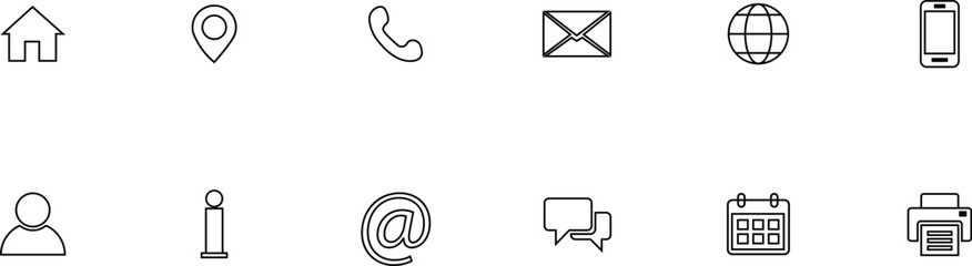A collection of 12 small black and white line icons