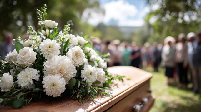 White floral arrangement rests on a wooden coffin during an outdoor funeral service