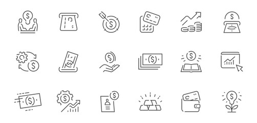 Set of minimalist finance and business line icons including money, investment, banking, payments and financial growth