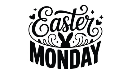 Easter Monday decorative typography banner with bunny silhouette and ornamental elements flat vector illustration on light background © Zavivec