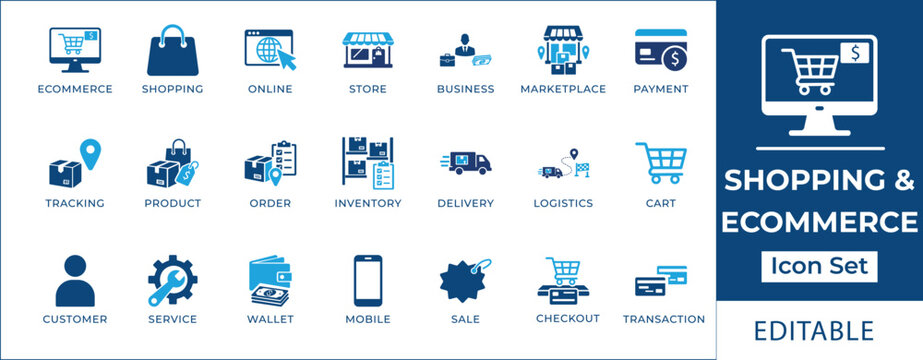 Shopping and ecommerce icon set featuring online store management, retail delivery, payment transaction, cart checkout, product tracking, and digital marketplace business symbols.