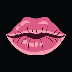Pink Glossy Female Lips with Dark Liner and Detail Lines on Black