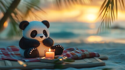 Stuffed panda hugging a mini candle on cozy oceanfront picnic