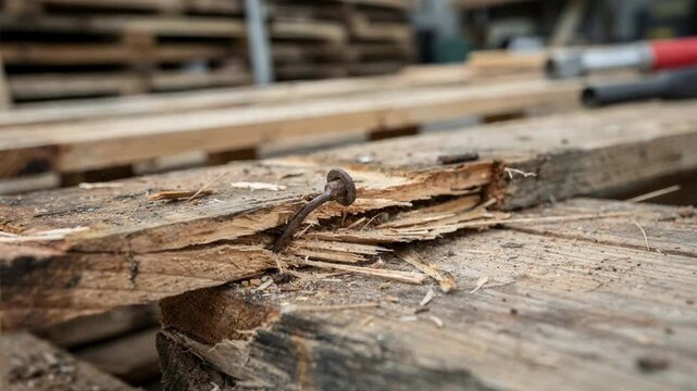 Closeup of nail puller extracting rusted nails from splintered pallet boards during manual pallet repair process.