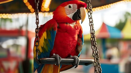 Stuffed parrot sitting on a carnival swing ride vibrant colors