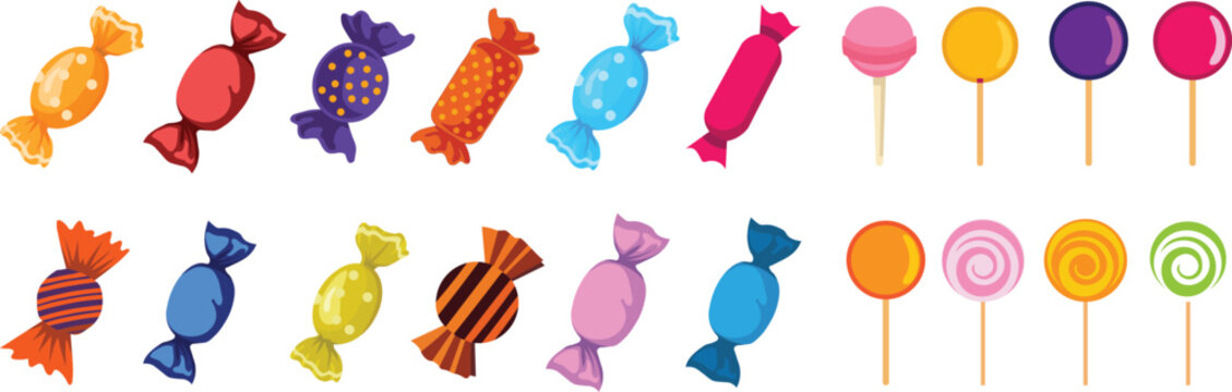 Colorful candy and lollipop set assorted wrapped sweets for celebration birthday and festive design vector illustration