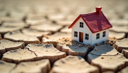 Tiny white house with red roof sits on dry cracked earth. Miniature home symbolizes drought crisis and climate change impact on real estate and environment. Arid landscape and barren ground.