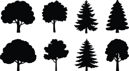 Black tree silhouette icon set, forest deciduous and coniferous pine oak fir trees, nature vector © Al