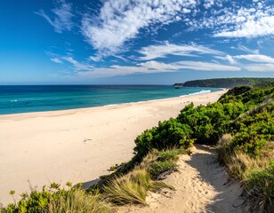 Panoramic view of a pristine, sandy beach with turquoise waters and clear blue sky
