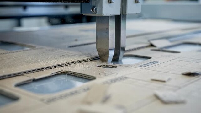 Closeup on a flatbed diecutter forming window cutouts in carton sheets showcasing the sharp steel dies cutting transparent sections for packaging displays.