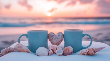 Two coffee mugs on white lounger seashells forming a heart around them soft pink skies at dusk