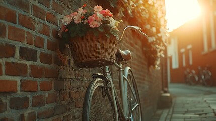 Vintage bicycle leaning against a brick wall flower basket on handlebars sunny day nostalgic vibe
