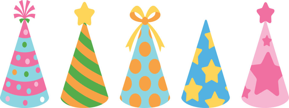 Colorful party hat collection set, festive birthday celebration elements, bright patterned cone hats flat vector illustration
