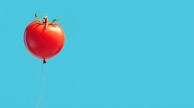 A single red tomato balloon floats against a vibrant blue sky.