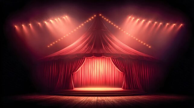 Dramatic red circus tent stage with spotlights and string lights, ready for performance